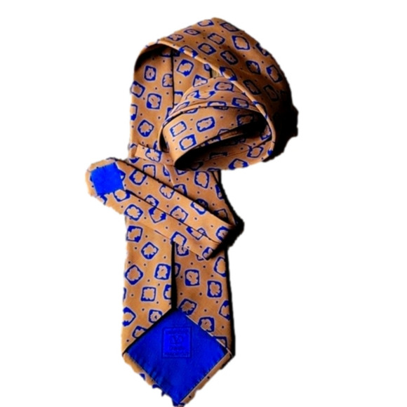 Valentino Garavani Silk Italian Bronze Blue Dots Geometrical Necktie Vintage - Picture 5 of 16